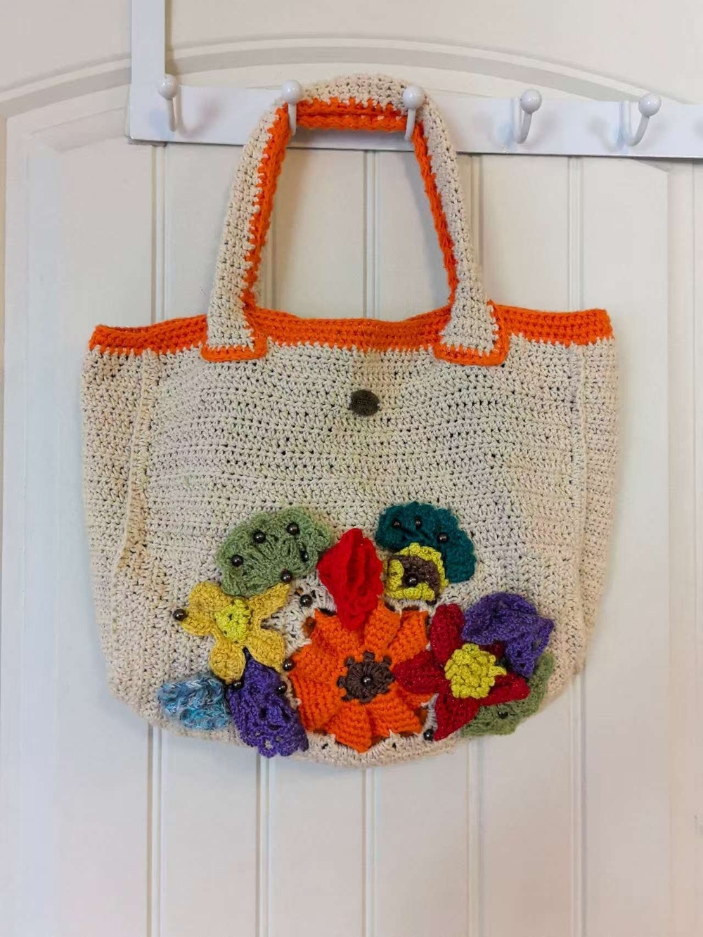 Crochet Floral Tote Bag in Cream and Orange